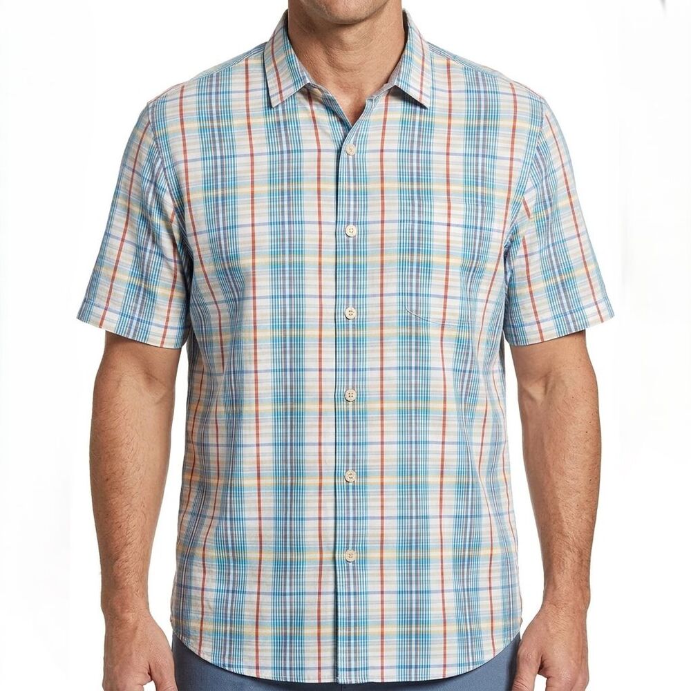 Tommy Bahama Plaid Shirt Mens XL Cotton Silk Short Sleeve Button Down
